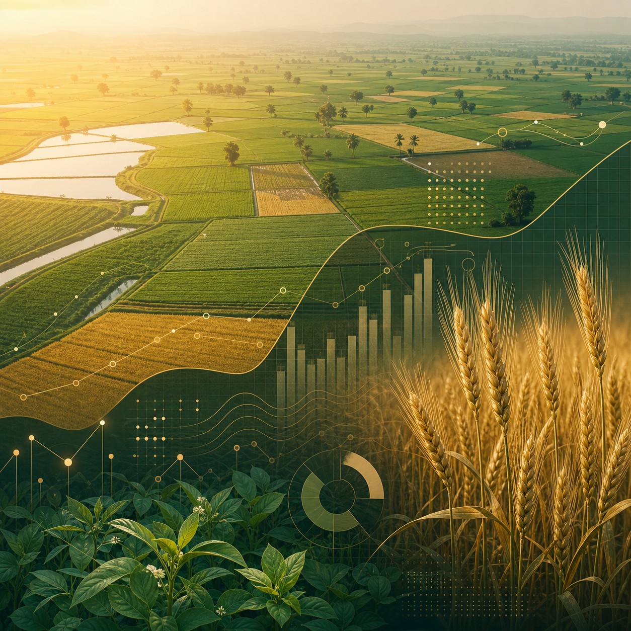 Aerial agricultural fields with abstract crop and data analysis graphics